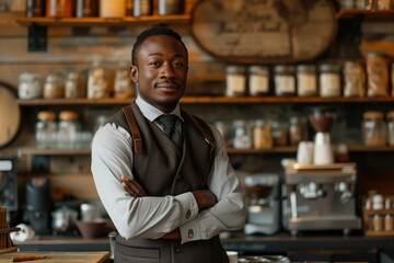 African American owned and operated coffee shop. Young barista, arms crossed, stands confidently in coffee shop, shelves stocked behind. Confident coffee house attendant, dressed in vest and tie