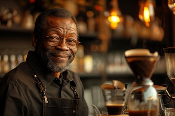 Mature African American man with coffee, exudes sophistication, contentment washes over his face as he enjoys the morning in a well-frequented cafe. seasoned man in black, with contented smirk
