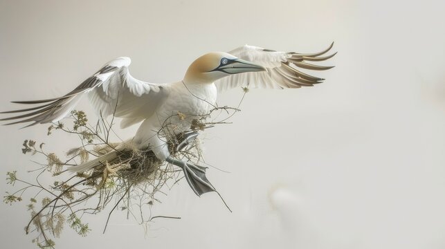 Explore the aerial elegance of a Northern gannet in flight, carrying nesting materials
