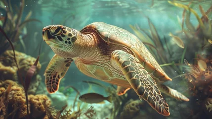 Wandcirkels plexiglas Explore the underwater world in a prompt highlighting a majestic Loggerhead Sea Turtle gracefully navigating its reef habitat © lara