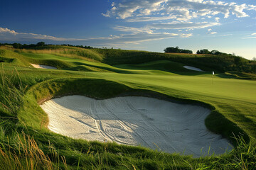 A golfer's paradise with challenging bunkers and sweeping views of nature.