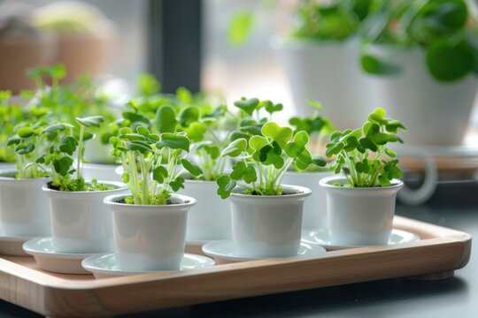 Trays with seedlings of green plants in white saucers and cups