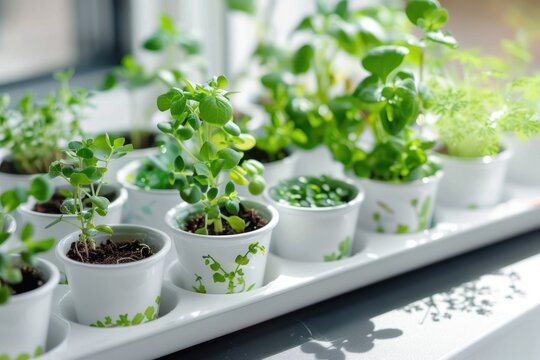 Trays with seedlings of green plants in white saucers and cups