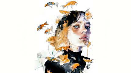 Watercolor portrait of a girl. Portrait of a woman with many fishes.
