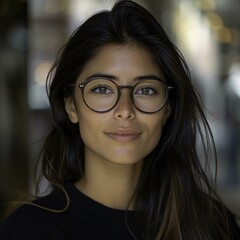 portrait of a woman with glasses, blured background, studio lighting