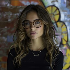 portrait of a woman with glasses, blured background, studio lighting