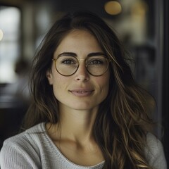 portrait of a woman with glasses, blured background, studio lighting