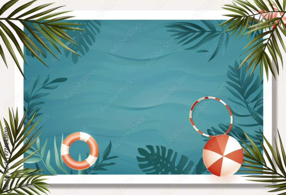Wall mural Blue water background with a swimming ring and beach ball within a white frame for text, tropical leaves on the edges Generative AI - Wall murals