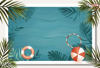 Blue water background with a swimming ring and beach ball within a white frame for text, tropical leaves on the edges Generative AI - obrazy, fototapety, plakaty