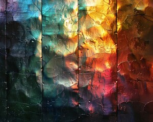 Close-up view of a textured glass panel with a vibrant mosaic of rainbow colors and condensation beads. - obrazy, fototapety, plakaty