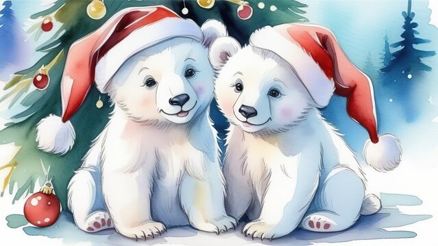 Cute polar bear cubs sitting near the Christmas tree with gifts in red Santa Claus hats, Christmas or New Year card