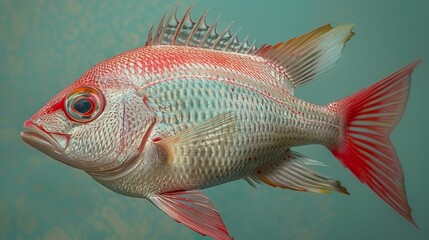   A red-and-white striped fish in focus against a light blue background