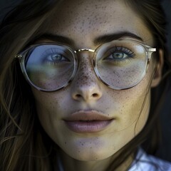 portrait of a woman with glasses, nerdy, isolated background