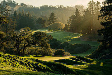 A picturesque golf course nestled among rolling hills and tall trees.