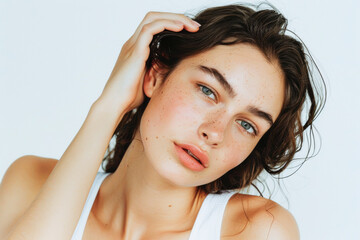 Fototapeta premium Tranquil Portrait of a Freckled Young Woman with Red Hair and Blue Eyes, Soft Lighting, Serene Expression