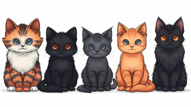 Group of cats sitting and looking at the camera. Vector illustration.