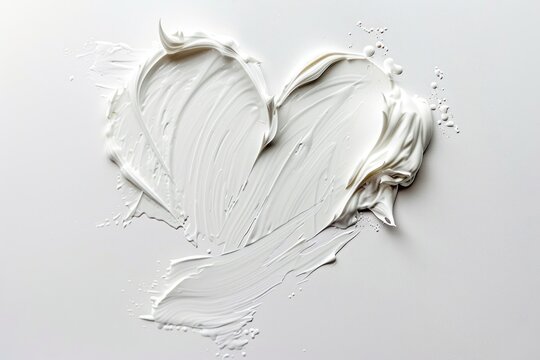 White beauty skincare cream swipe smear in heart shape on white background. Cosmetics makeup smudge swatches