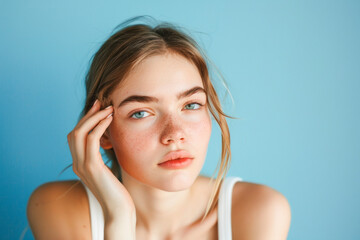 Naklejka premium Tranquil Portrait of a Freckled Young Woman with Red Hair and Blue Eyes, Soft Lighting, Serene Expression