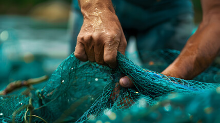 Close-up view of a man hands picking up a green fishing net. Waste in nature.  - obrazy, fototapety, plakaty