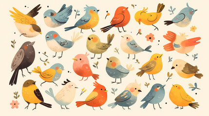 Set of cute cartoon birds. Hand drawn vector illustration in vintage style.