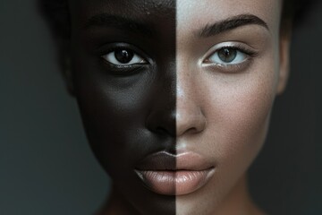 Woman portrait mix races black skin and white skin female beauty looking to camera