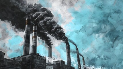 Coal Plants Towering Smoke Stacks Contrast Brilliant Blue Sky in Charcoal Drawing with High Texture and Chiaroscuro Technique - obrazy, fototapety, plakaty