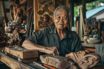 Asian wood carver in the workshop, craftsman. - obrazy, fototapety, plakaty
