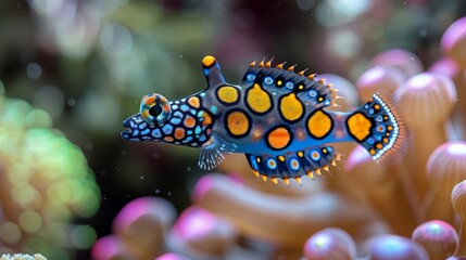   A tight shot of a vibrant blue-orange fish against a backdrop of various corals and clear water