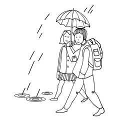 Girl and boy are walking with an umbrella in the rain. Hand drawn vector illustration  