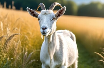 Fototapeta premium Portrait of a white goat in summer near a wheat field in the sun's rays