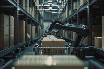 Cardboard boxes transported by industrial robots in a warehouse. - obrazy, fototapety, plakaty