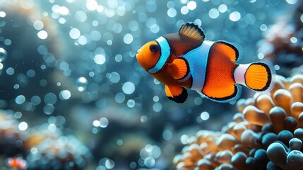   An orange-and-white clownfish swims near a blue-and-white bubble trail in an aquarium A black-and-white clownfish is in the foreground