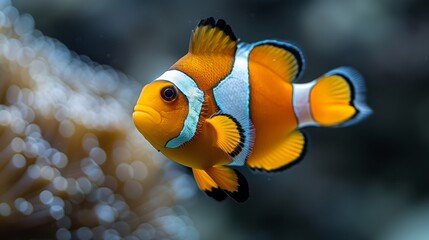   A tight shot of an orange-white fish with a blue stripe on its head, situated against a coral backdrop - obrazy, fototapety, plakaty
