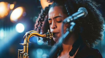 A jazz artist, a black woman is engrossed in playing the saxophone on brightly lit stage. Music festival concept, jazz recognition month - obrazy, fototapety, plakaty