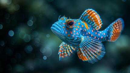   A tight shot of a blue-orange fish against a black backdrop, its body adorned with orange spots