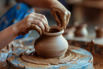 Close up hand of kid making vase with clay on a turntable in the workshop.