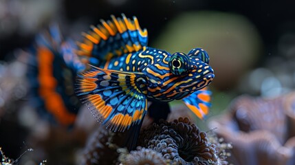   A tight shot of a blue-orange fish next to a sea anemone Background comprises vibrant corals