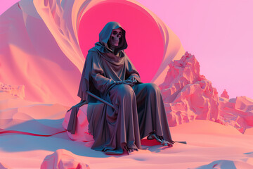Mystical Liche Necromancer Skeleton Entity in Alien Desert with Pink Sky - obrazy, fototapety, plakaty