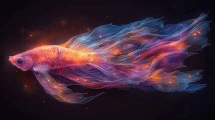 Fotobehang   A goldfish painting with orange, blue, and red streaks adorning its body and tail © Jevjenijs