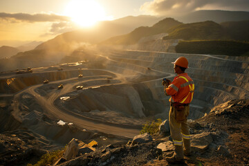 Copper mine worker open pit mine surveying, behind worker, morning light. - obrazy, fototapety, plakaty