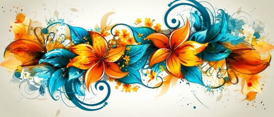   A painting of orange and blue flowers with expressive swirls and splashes against a pristine white backdrop, allowing ample room for text inscription