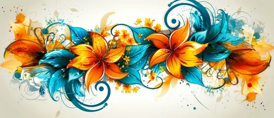 Photo sur Plexiglas Papillons en grunge   A painting of orange and blue flowers with expressive swirls and splashes against a pristine white backdrop, allowing ample room for text inscription