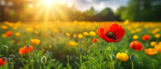   A landscape featuring a red and yellow flower-filled field, with the sun casting light through the tree-studded background
