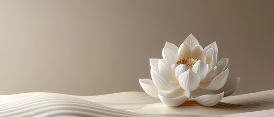   A large white flower floats atop a wave of white water against a brown and white backdrop