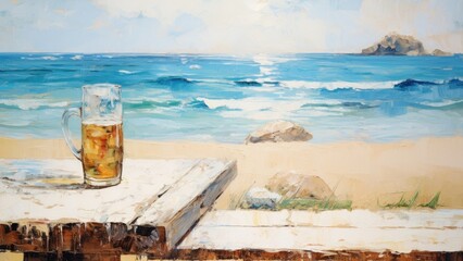 夏のビーチとビールジョッキの油絵_2 - obrazy, fototapety, plakaty