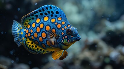   A tight shot of a blue-orange fish against a pitch-black backdrop, its body adorned with vibrant orange spots