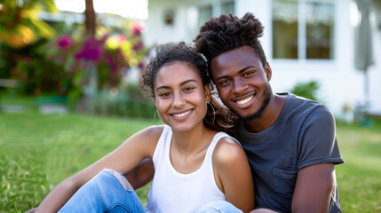 Fototapeta premium Happy Young Couple Sitting in Front of New House on Green Lawn