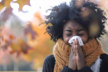 Young african american woman sneezing in the park. Fall flu or virus theme