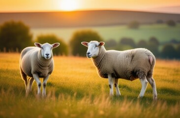 Obraz premium White sheep graze in a meadow at sunset