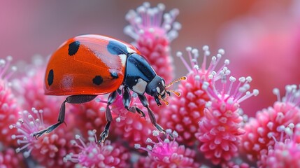 Obraz na płótnie Canvas A close-up of a ladybug on a pink flower with black spots on its black leg segments